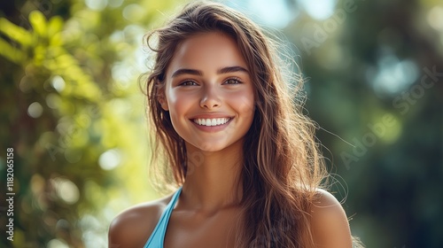 A woman with long brown hair and a blue tank top. She is smiling. The photo is taken outdoors