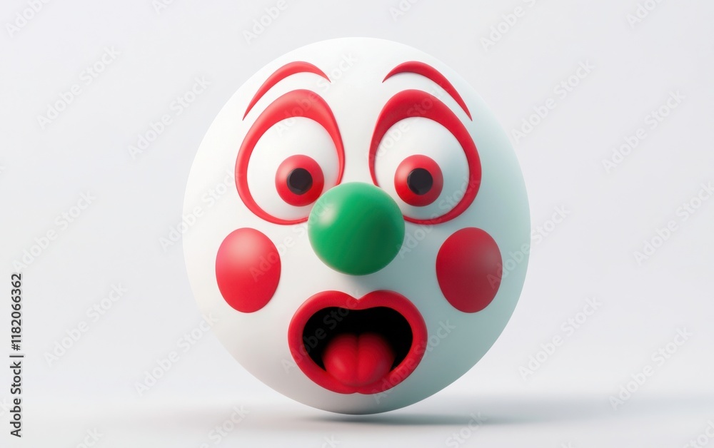 3D Emoji-style clown face with a green nose, red eyes, and a surprised expression, simple and colorful design, flat shading, white isolated background 3D Emoji-style clown face with a green nose, red eyes, and a surprised expression, simple and colorful design, flat shading, white isolated background
