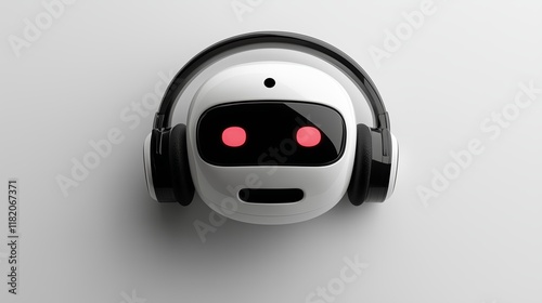 A robot head with a pair of headphones on it. The robot has red eyes and a black mouth photo