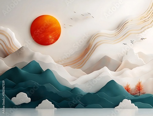 Serene and tranquil mountainscape with a luminous golden sun setting over soft muted hues of smoky quartz and agate  Delicate watercolor like brushstrokes create an impressionistic photo