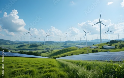 Modern battery energy storage system with wind turbines and solar in grass fields, solar panel