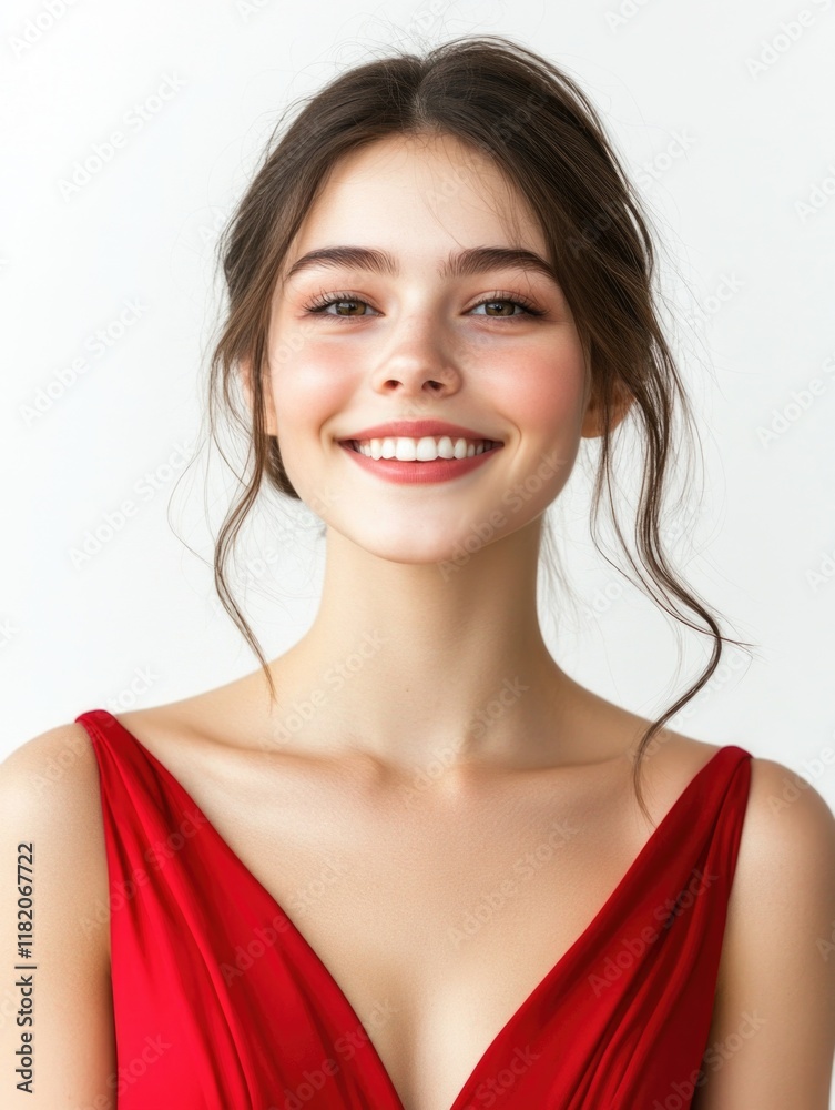 Smiling young woman in elegant red dress against a bright white background, showcasing natural beauty and confidence in a portrait format. Smiling young woman in elegant red dress against a bright white background, showcasing natural beauty and confidence in a portrait format.