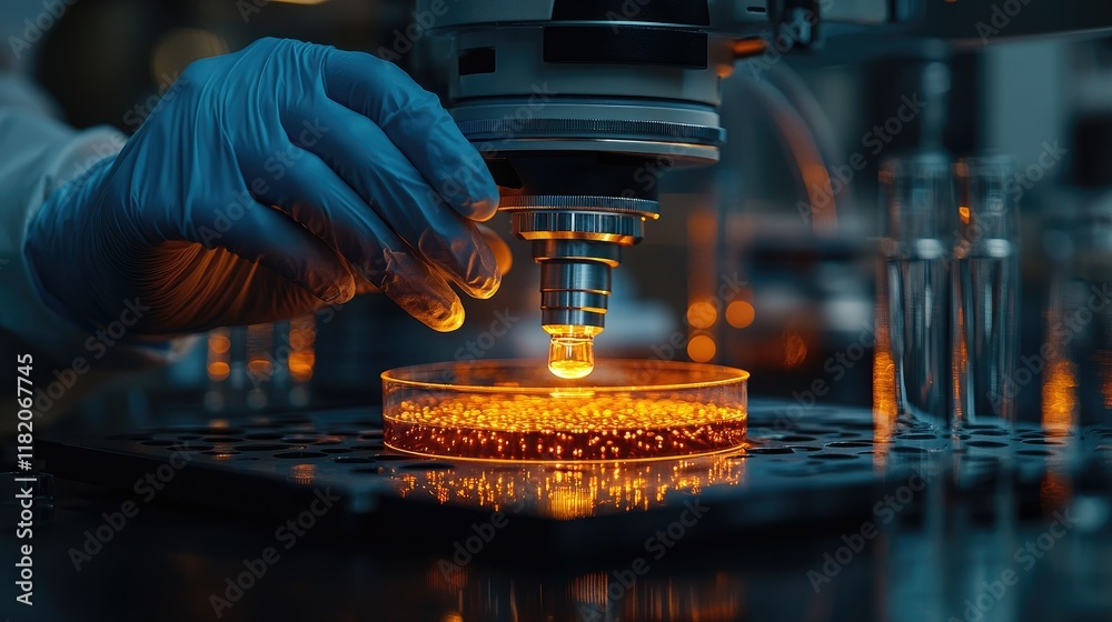 Working in micro labs to analyze human health in a hospital glare of orange light Working in micro labs to analyze human health in a hospital glare of orange light