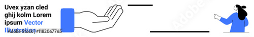 Hand extended to receive with horizontal line towards person pointing right. Ideal for communication, education, assistance, teamwork, instruction, digital content, interaction themes. Banner