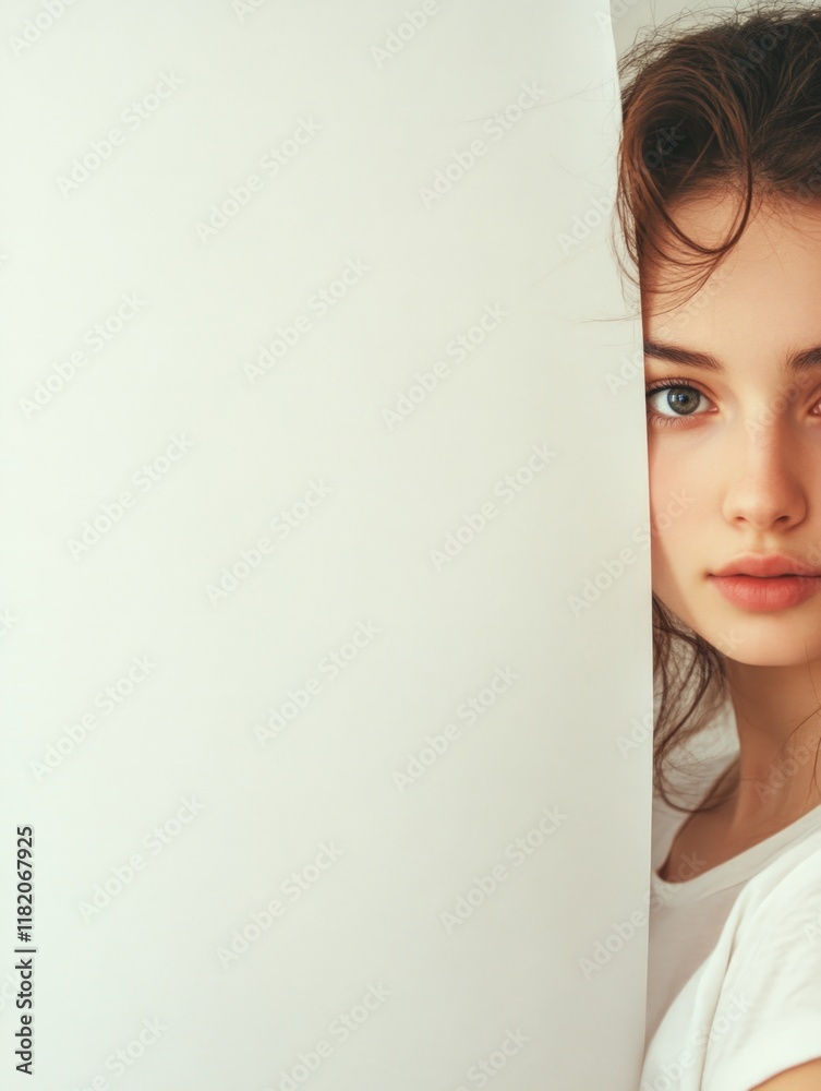 Pretty girl with soft facial features peeking from behind blank white backdrop, natural lighting creating gentle shadows, close-up portrait. Pretty girl with soft facial features peeking from behind blank white backdrop, natural lighting creating gentle shadows, close-up portrait.