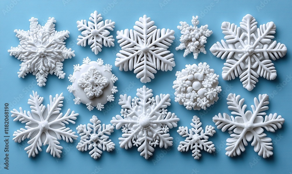 A collection of intricate white snowflake decorations on a light blue background. A collection of intricate white snowflake decorations on a light blue background.