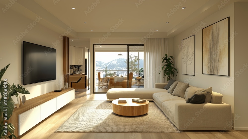 A living room with a large couch and a coffee table. There is a television in the room A living room with a large couch and a coffee table. There is a television in the room