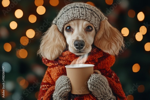 Social ad - Ð°nimal care. Sad cute baby dog afghan hound in winter warm clothes, holding steaming cup with rising steam in paws. Problem of endangered animals. Freezing dog jacket. Dog warm coat. photo