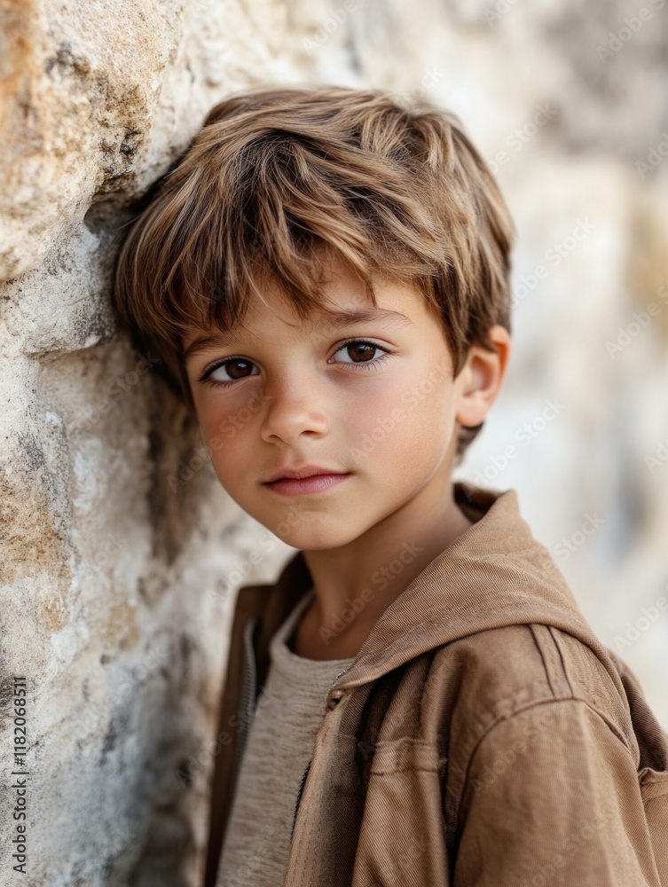 Young boy with tousled brown hair leaning against a textured stone wall, displaying soft natural light, warm earth tones, intimate close-up shot. Young boy with tousled brown hair leaning against a textured stone wall, displaying soft natural light, warm earth tones, intimate close-up shot.