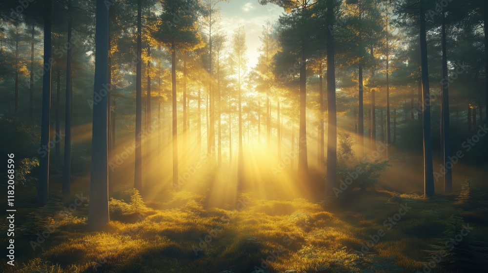 Fototapeta premium Golden sunbeams shining through the trees of a misty forest at sunrise, creating a magical and enchanting atmosphere filled with tranquility and serene beauty