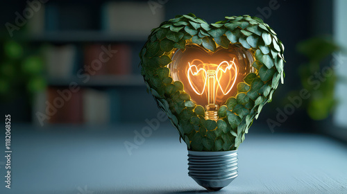 Eco-friendly heart-shaped green light bulb made of green leaves, symbolizing renewable energy and sustainable living, highlighting green energy on Earth.