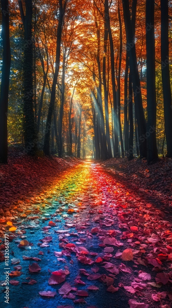 Obraz premium A vibrant rainbow shining over a park with scattered autumn leaves, representing the magical beauty of nature and positivity.