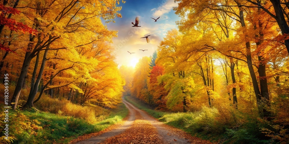 Fototapeta premium Serene Autumn Forest Path: Birdsong and Golden Leaves Stock Photo