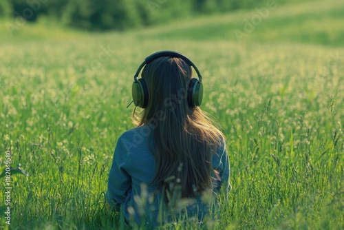 Child Enjoying Music in Serene Green Meadow with Headphones, Relaxing Outdoors in Sunlit Grass, Capturing Joyful Summer Vibes and Tranquil Moments