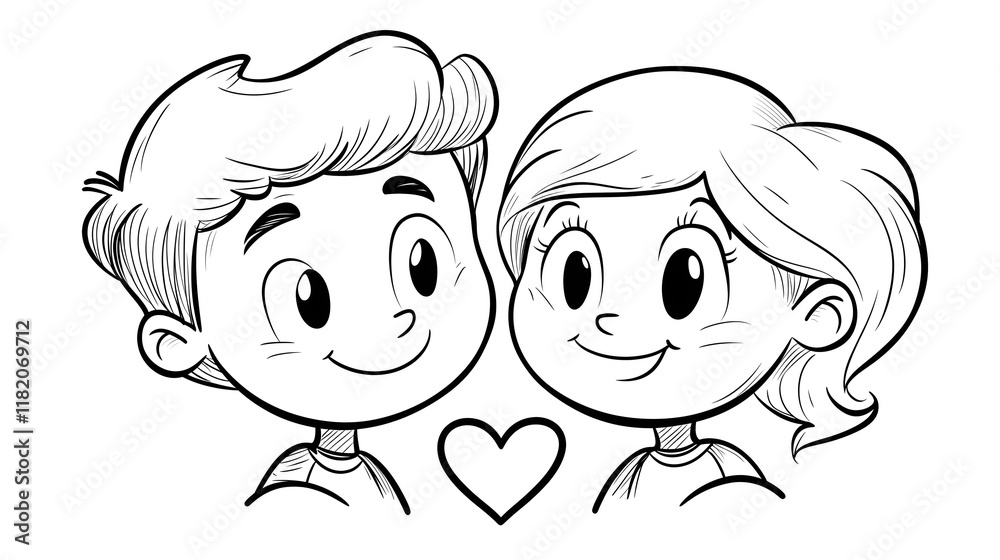 Cute cartoon couple with heart illustration in black and white line art style Cute cartoon couple with heart illustration in black and white line art style