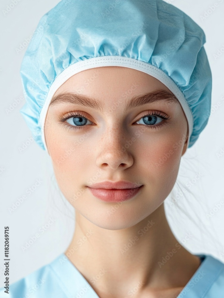 Young female doctor in blue surgical cap and scrubs with natural makeup, close-up portrait on white background, emphasizing clear blue eyes and smooth skin. Young female doctor in blue surgical cap and scrubs with natural makeup, close-up portrait on white background, emphasizing clear blue eyes and smooth skin.