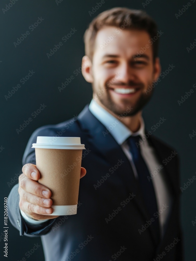 Smiling businessman in a dark suit holding a disposable coffee cup at the forefront with a blurred background, focused camera angle, warm tones. Smiling businessman in a dark suit holding a disposable coffee cup at the forefront with a blurred background, focused camera angle, warm tones.