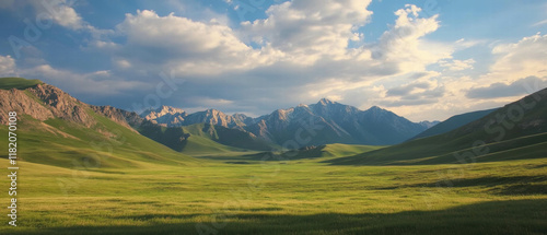 Vast grasslands of Kazakhstan steppe with rolling hills and dramatic skies