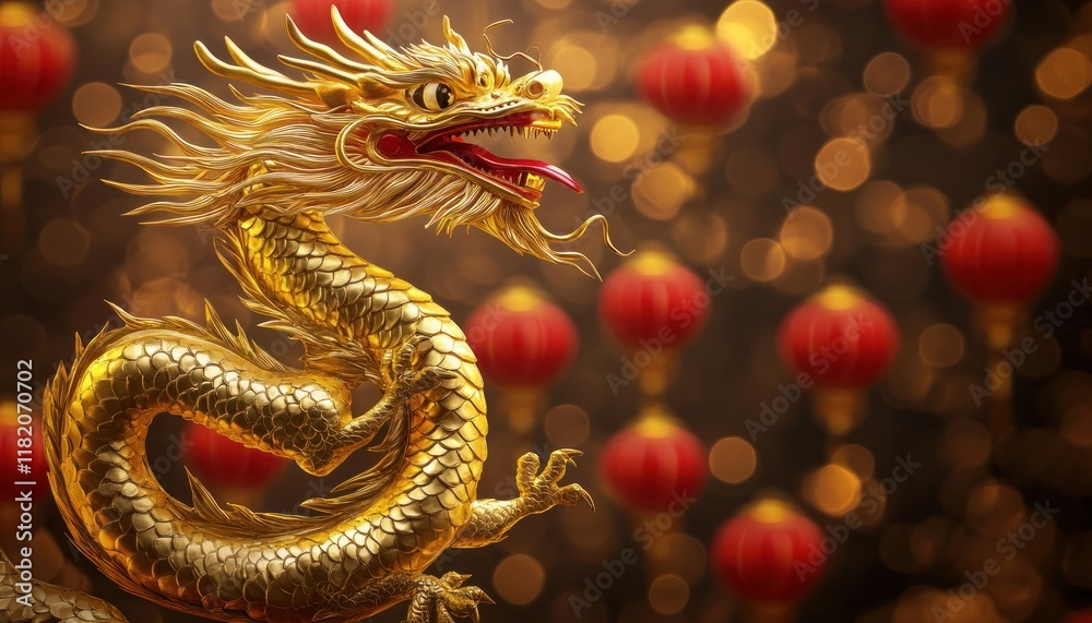 Fototapeta premium Golden dragon statue, lanterns, bokeh, celebration, Asian
