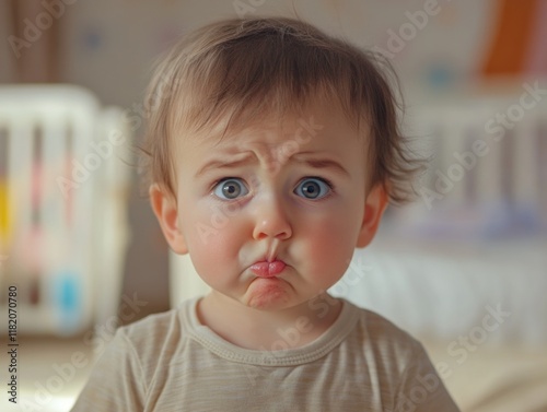 Candid moment of a young baby with expressive pouty face, bright blue eyes and soft light background, capturing emotions of toddler distress indoors.