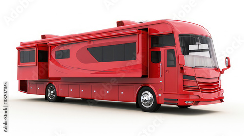 A large red recreational vehicle with extended living space, designed for travel and leisure. isolated on white background
