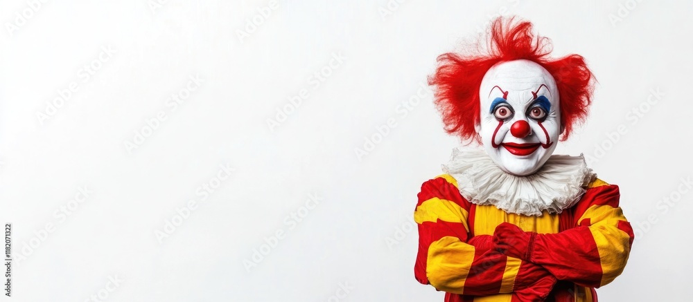 Vibrant clown character with bold red and yellow costume posing with crossed arms against a clean white background, featuring bright colors and playful expression. Vibrant clown character with bold red and yellow costume posing with crossed arms against a clean white background, featuring bright colors and playful expression.