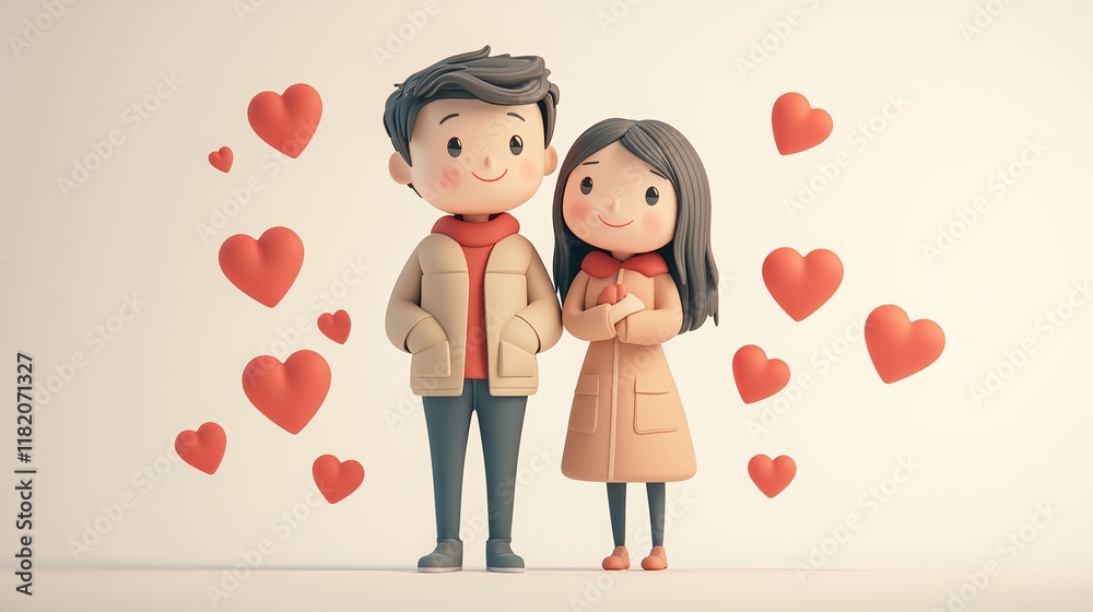 A couple of cartoon characters are holding hands and surrounded by hearts. The man is wearing a red jacket and the woman is wearing a red scarf A couple of cartoon characters are holding hands and surrounded by hearts. The man is wearing a red jacket and the woman is wearing a red scarf