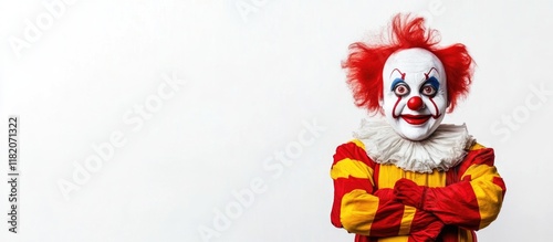 Vibrant clown character with bold red and yellow costume posing with crossed arms against a clean white background, featuring bright colors and playful expression.