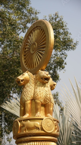 Golden Ashoka Chakra symbolizing dharma and unity photo