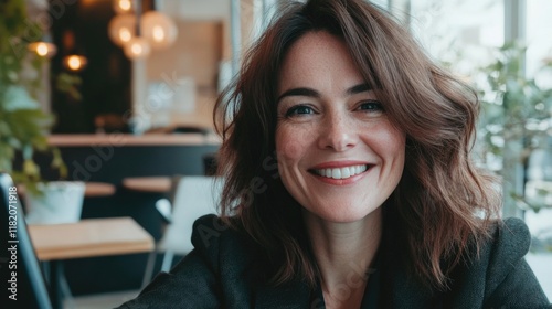 Caucasian business woman with wavy brown hair smiling brightly in a stylish cafe with warm lighting, capturing a joyful selfie on her smartphone.