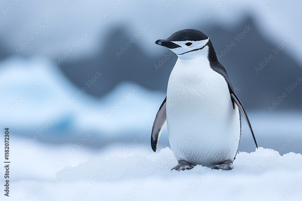 Obraz premium Chinstrap penguin standing in the snow ice in Antarctica.