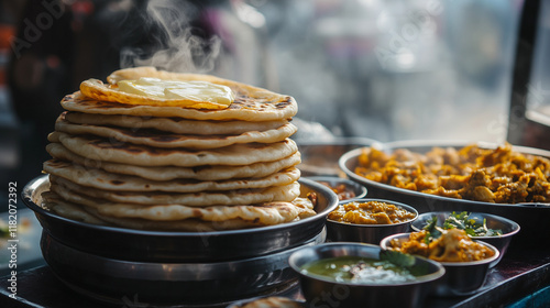 Freshly made parathas with chicken curry in a street-side restaurant, breakfast food photography 