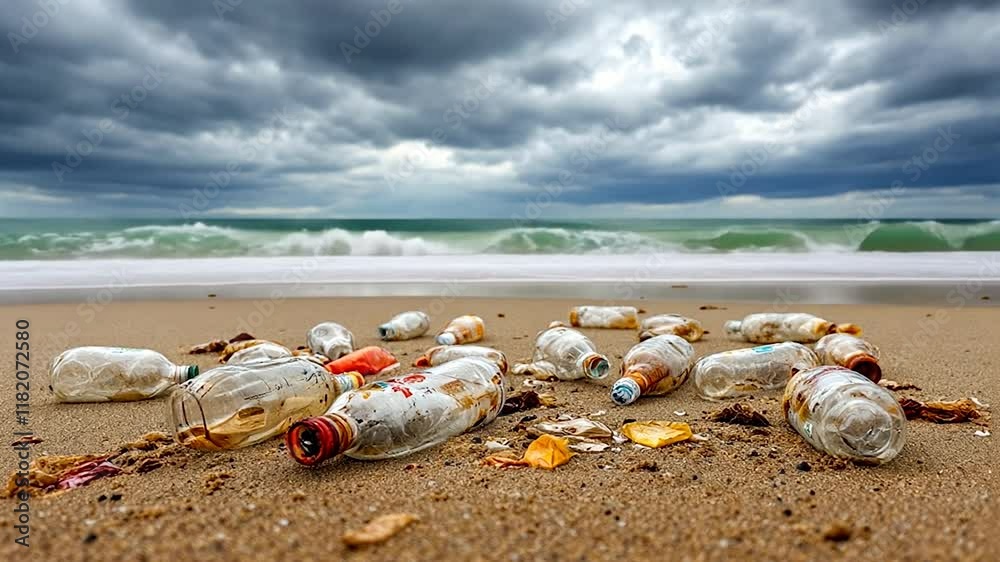 Plastic bottles litter sandy beach beneath stormy sky and gentle ocean waves Plastic bottles litter sandy beach beneath stormy sky and gentle ocean waves