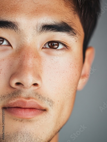 Close-up of a young Asian man's half face with a strong jawline, defined cheekbones, and expressive brown eyes, highlighting features and skin texture, portrait, beauty, masculine appeal.