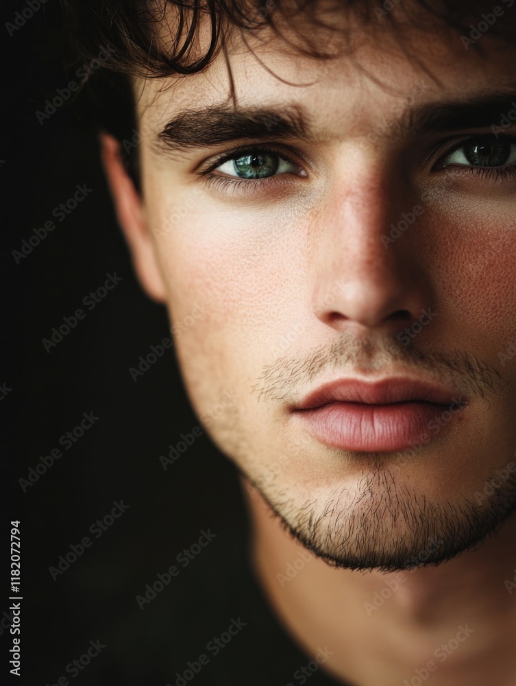 Obraz premium Close-up portrait of a young man with striking features and piercing green eyes, set against a dark background with ample empty space for text, portrait, male model, captivating gaze.