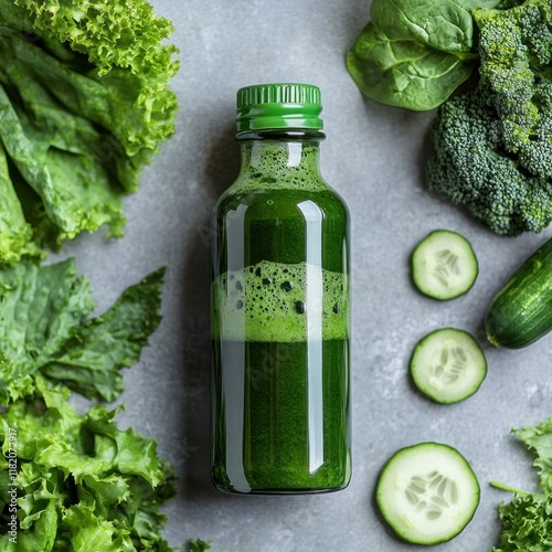 Green juice bottle surrounded by fresh vegetables. photo