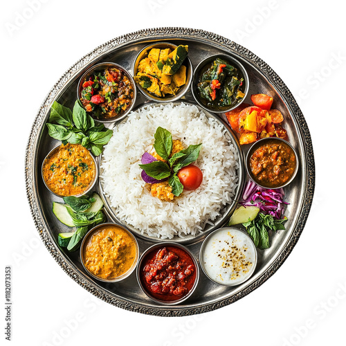 A traditional Indian Thali platter featuring a variety of curries rice vegetables and chutn photo