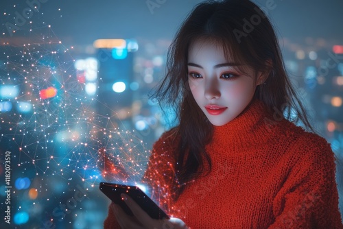 Fototapeta Naklejka Na Ścianę i Meble -  Young asian woman is looking at her cell phone in red sweater. The image has a futuristic feel to it, with the woman's phone displaying glowing, starry pattern. Concept of wonder and curiosity