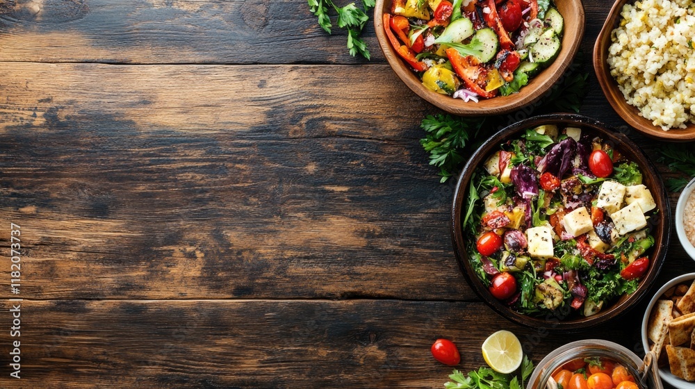 Freshly prepared colorful salads and snacks displayed on rustic wooden table, emphasizing healthy eating and culinary creativity, food, meal preparation, dining. Freshly prepared colorful salads and snacks displayed on rustic wooden table, emphasizing healthy eating and culinary creativity, food, meal preparation, dining.