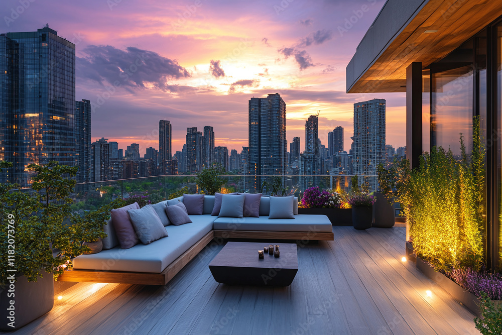 Luxurious rooftop terrace with garden, a peaceful relax zone with modern outdoor furniture overlooking a stunning urban skyline during a warm sunset Luxurious rooftop terrace with garden, a peaceful relax zone with modern outdoor furniture overlooking a stunning urban skyline during a warm sunset