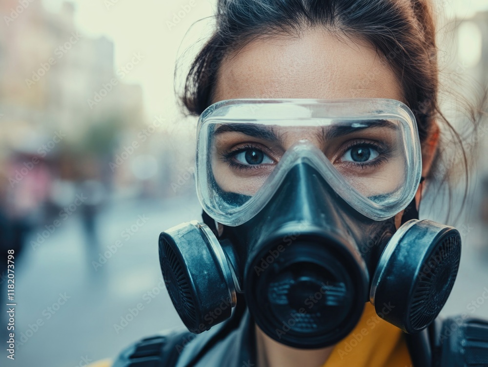 Close-up of research scientist in safety respirator gazing at the camera on an urban street, highlighting themes of ecology and environmental pollution, health, safety, scientific research. Close-up of research scientist in safety respirator gazing at the camera on an urban street, highlighting themes of ecology and environmental pollution, health, safety, scientific research.
