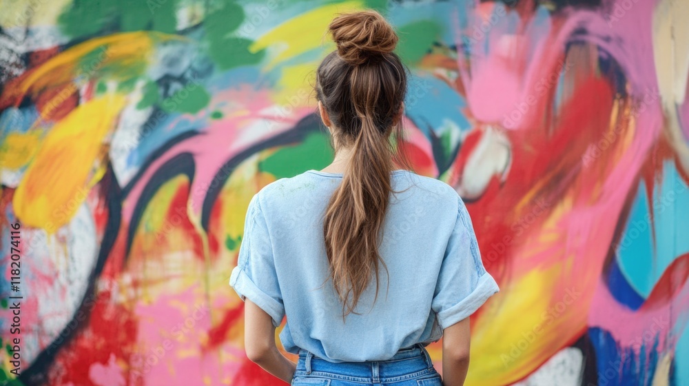 Fototapeta premium Female street artist viewed from behind, admiring vibrant graffiti wall filled with colorful abstract paintings, urban art, creativity, artistic expression, cultural scene.