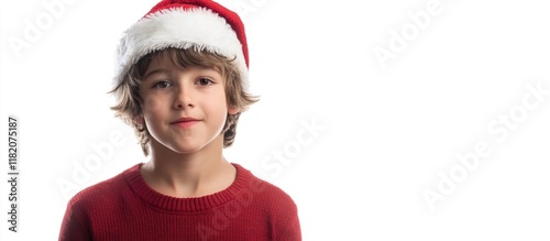 Joyful young boy wearing a Santa Claus hat against a clean white background, capturing the spirit of Christmas with a playful smile, indoors, natural light.