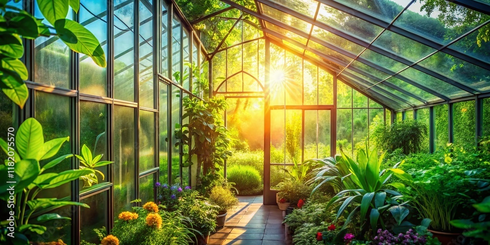 Serene Greenhouse: Lush Greenery & Sunlight Bokeh