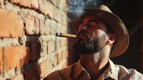 Handsome bearded man in a beige shirt and hat smoking a cigar, side bottom view against rustic red brick wall with soft smoke highlights. photo