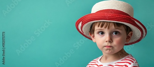 Melancholic young boy with a woeful expression wearing a red and white sunhat, positioned against a vibrant teal backdrop, captured in soft natural light.