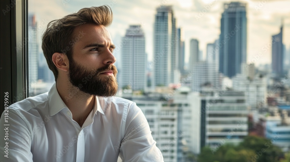 Fototapeta premium Young bearded businessman in white shirt gazing thoughtfully over Bangkok skyline at sunset, urban cityscape with modern buildings in background.