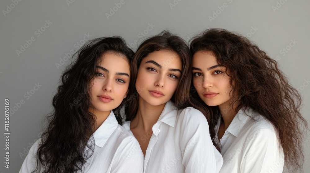 Diverse group portrait of three young women with long dark hair in white shirts posing closely together against a soft grey background showcasing unity and friendship in a horizontal layout. Diverse group portrait of three young women with long dark hair in white shirts posing closely together against a soft grey background showcasing unity and friendship in a horizontal layout.