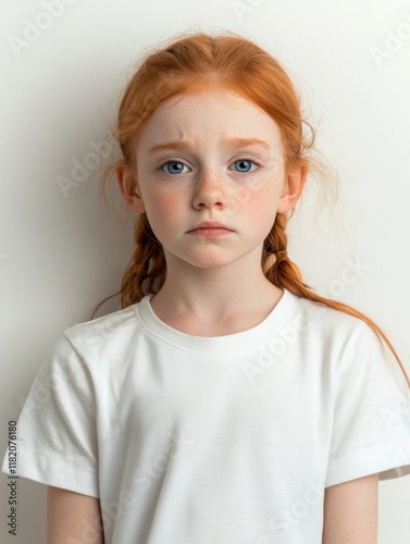 Sad young girl with ginger hair and blue eyes wearing a plain white t-shirt, standing in front of a soft white background, conveying emotions of disappointment.