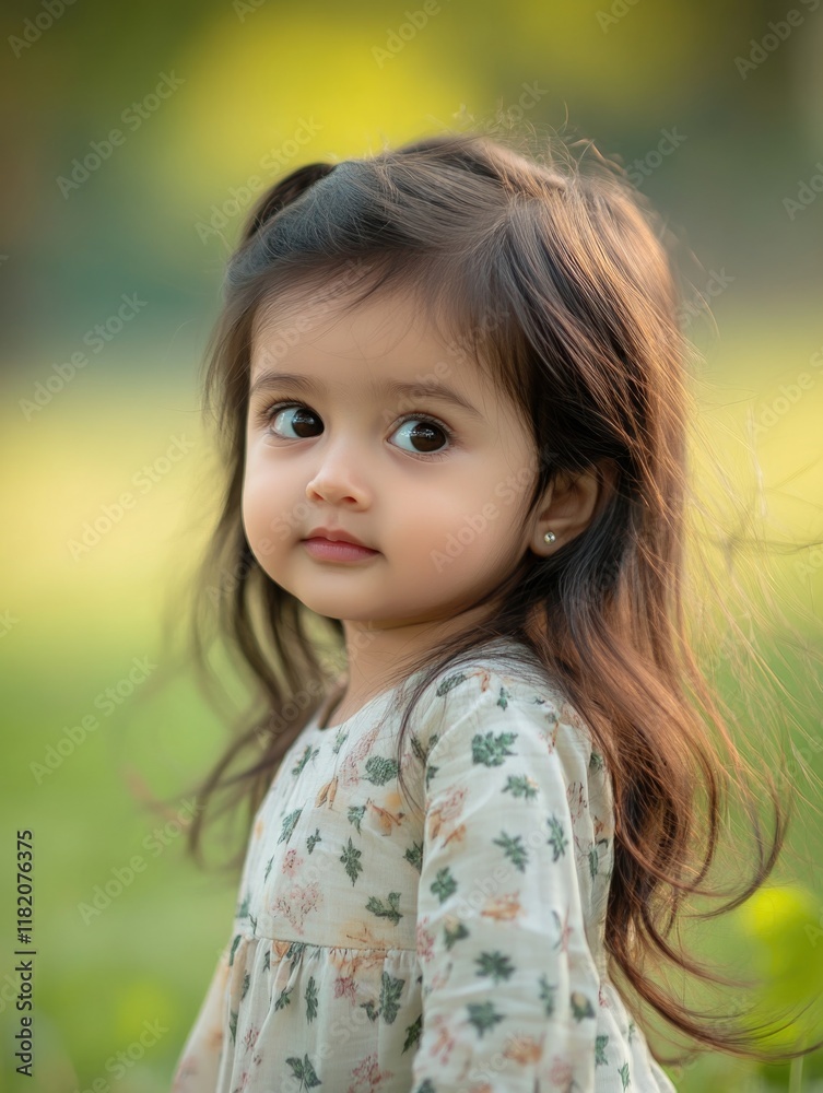 Stylish Portrait of Asian Baby Girl with Long Hair in Floral Dress Posing Playfully in Lush Green Grass Field Against Blurred Natural Background Stylish Portrait of Asian Baby Girl with Long Hair in Floral Dress Posing Playfully in Lush Green Grass Field Against Blurred Natural Background